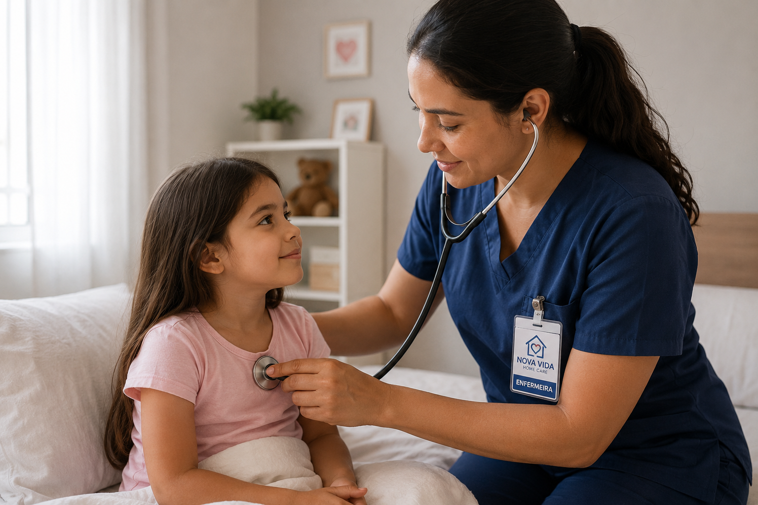 Enfermeira da Nova Vida Home Care examinando uma criança com estetoscópio no quarto de casa