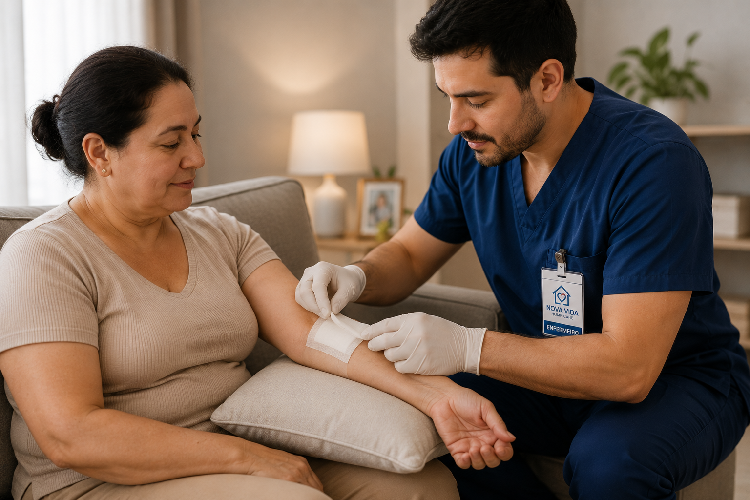 Enfermeiro da Nova Vida Home Care fazendo curativo no braço de uma paciente em casa