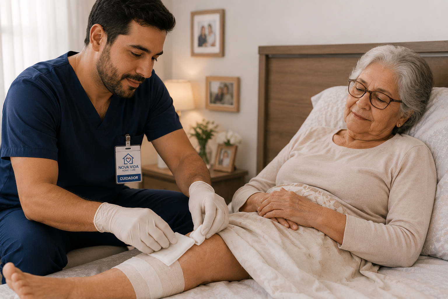 Equipe de enfermagem da Nova Vida Home Care realizando curativo