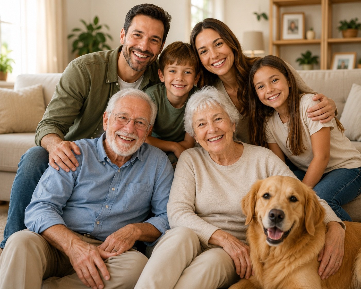Família reunida e sorridente em casa, cuidada pela Nova Vida Home Care