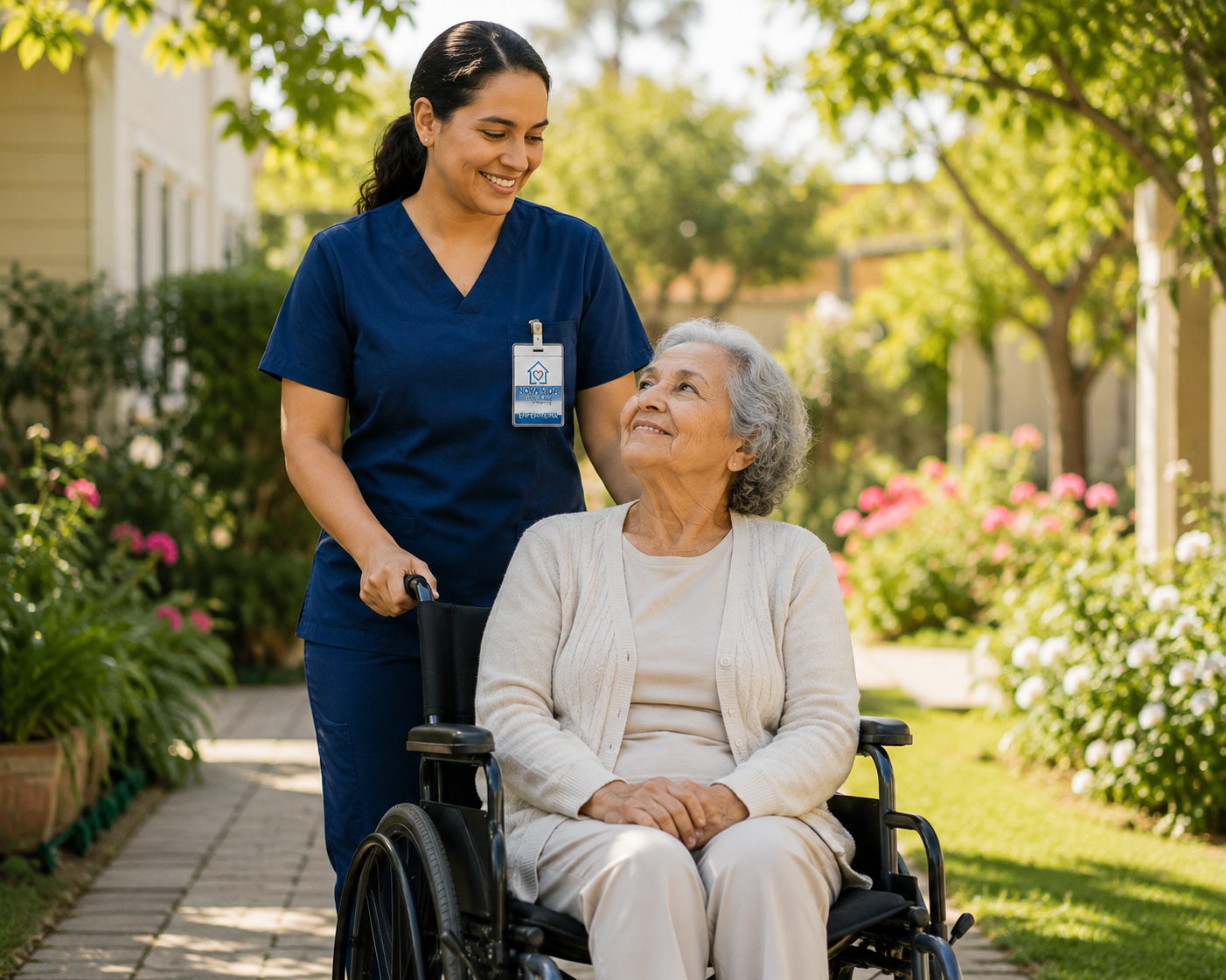 Enfermeiro da Nova Vida Home Care acompanhando paciente idosa em cadeira de rodas num jardim