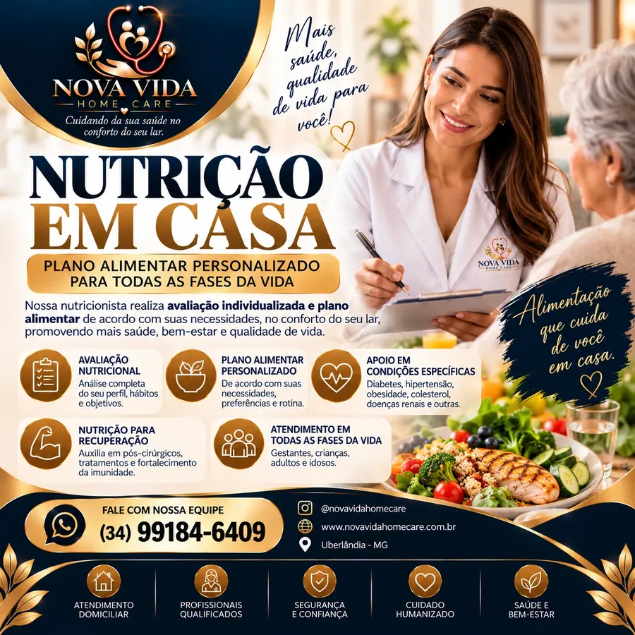 Arte da Nova Vida Home Care sobre nutrição em casa com plano alimentar personalizado