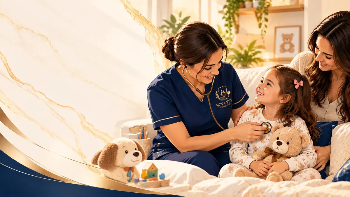 Enfermeira da Nova Vida Home Care examinando uma criança com estetoscópio, ao lado da mãe, no quarto de casa