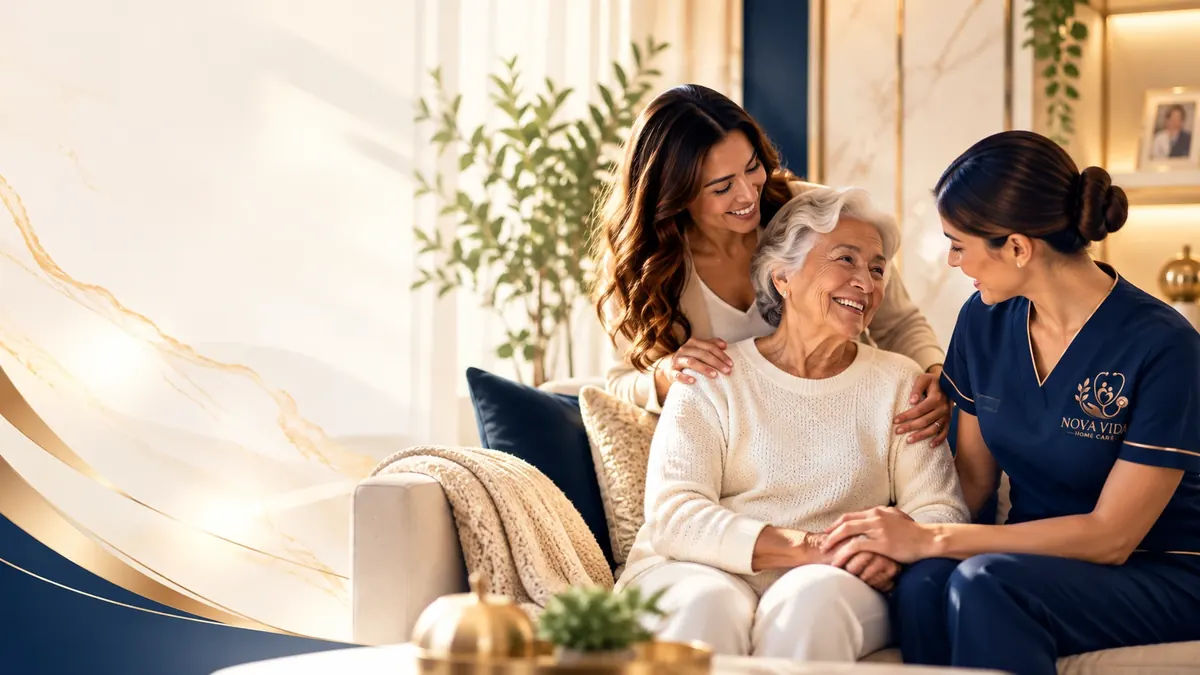 Enfermeira da Nova Vida Home Care com uniforme da empresa conversando com uma senhora e sua filha no sofá de casa