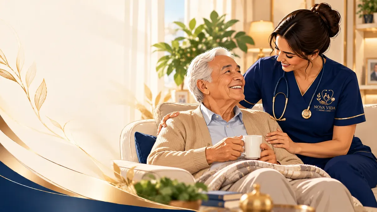 Enfermeira da Nova Vida Home Care acompanhando um senhor idoso que toma café no sofá de casa